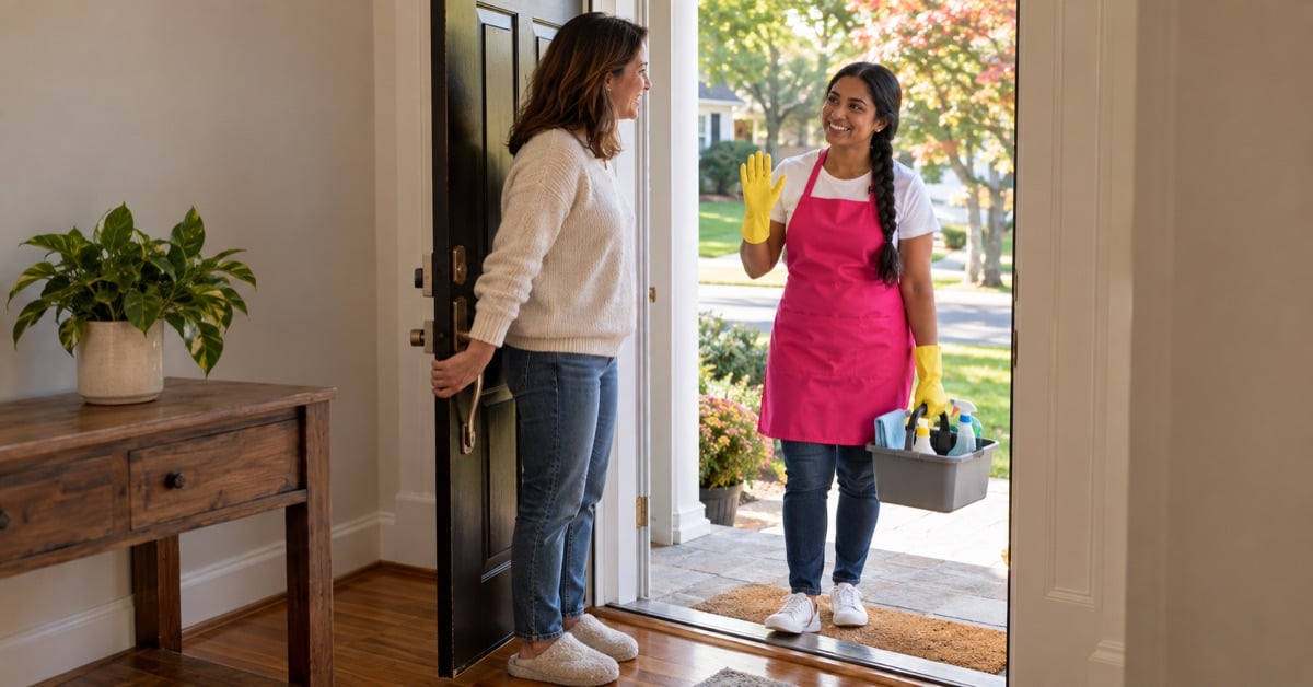 Homeowner greeting a house cleaner in a pink apron and yellow gloves at the front door