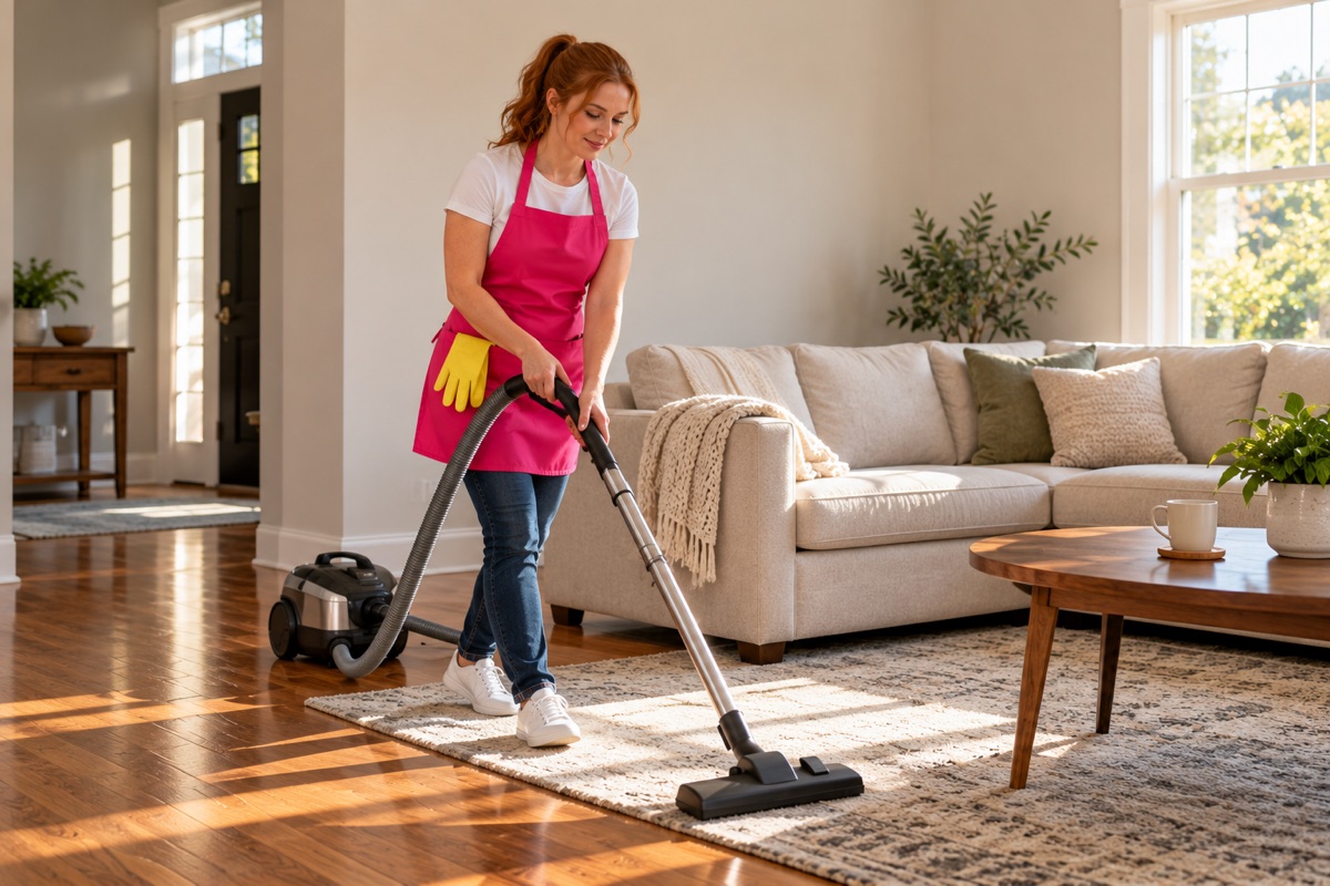 House cleaner in a pink apron vacuuming a living room rug