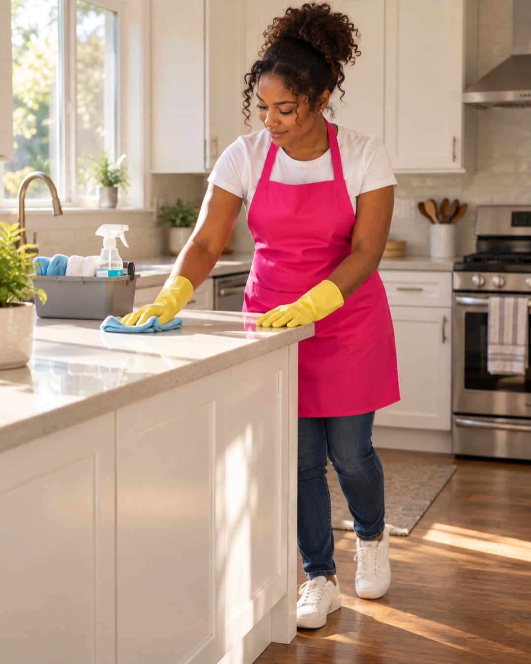 House cleaner in a pink apron wiping down a kitchen island counter