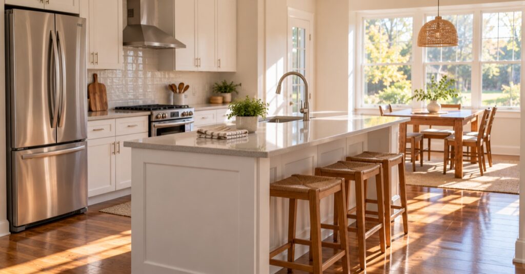 Bright, freshly cleaned kitchen with a white island and a dining table by the windows
