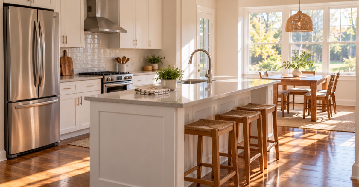Bright, freshly cleaned kitchen with a white island and a dining table by the windows